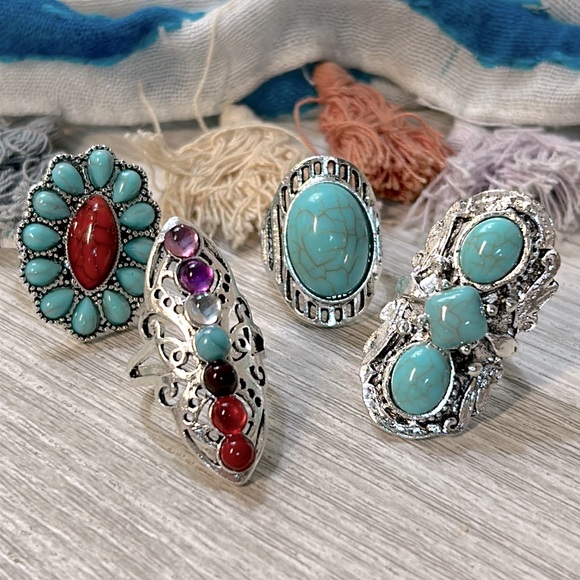 NWT Vintage Turquoise Western Bohemian Gemstone Ring Set of Four - Picture 1 of 13